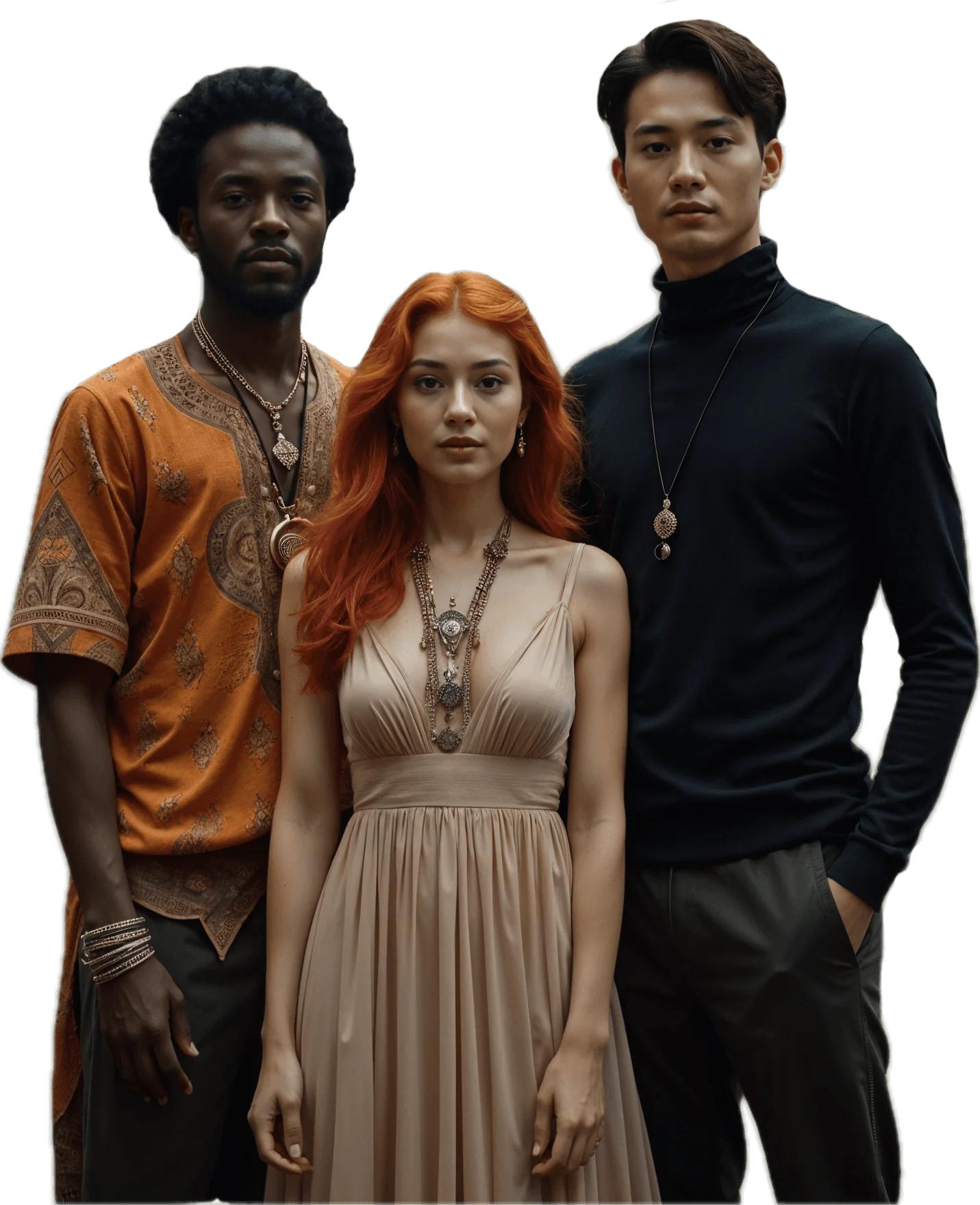 Three people stand together, two men with dark hair and a woman with long red hair, all wearing stylish outfits.