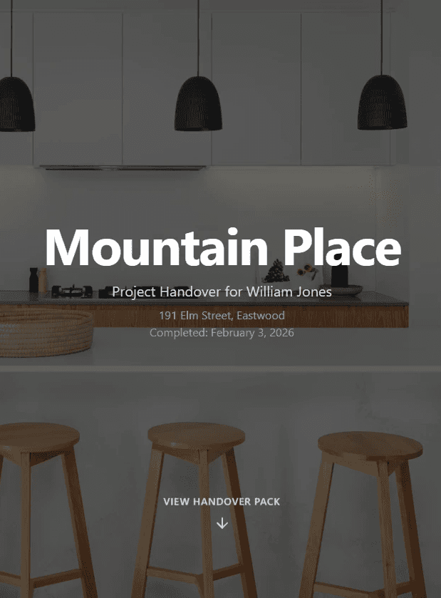 Handovr client handover portal showing completed project details and access to the digital handover pack.