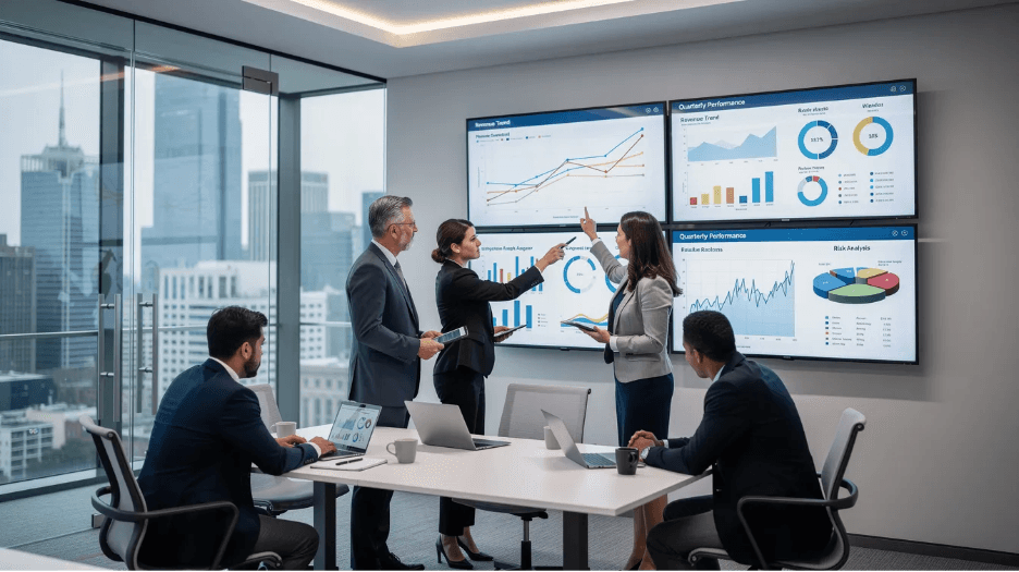 In a modern office, finance professionals are intently reviewing data dashboards displayed on large monitors, analyzing key metrics related to invoice processing and accounts payable workflows. The environment showcases a focus on optimizing financial operations, highlighting the use of automated invoice processing software to enhance efficiency and reduce manual data entry.