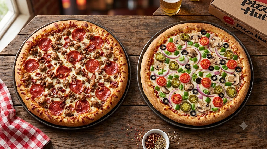 An overhead view of two complete Pizza Hut pizzas on a wooden table. On the left is a thick-crust Meat Lovers pizza loaded with pepperoni and sausage. On the right is a vibrant Veggie pizza with fresh mushrooms, peppers, tomatoes, and olives. Both pizzas are perfectly baked with golden crusts and melted cheese, set against a background including a Pizza Hut box, beer, and spices.