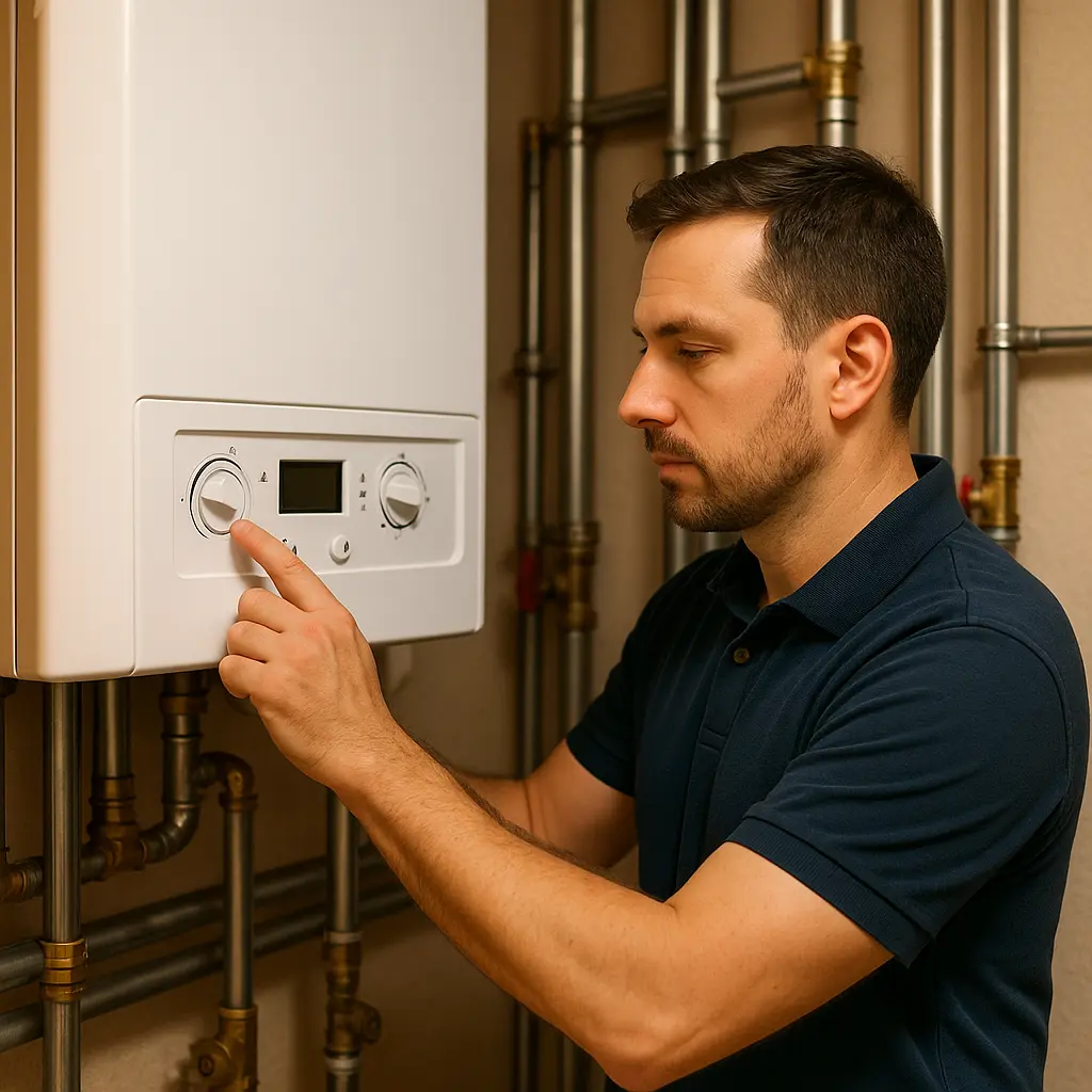Man adjusting settings on a modern boiler, emphasizing boiler installation and maintenance services for energy-efficient heating solutions.
