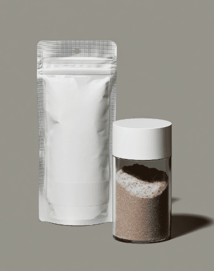 A standing white foil pouch next to a clear jar filled with brown powder, both on a gray background. The scene is minimalist and product-focused.