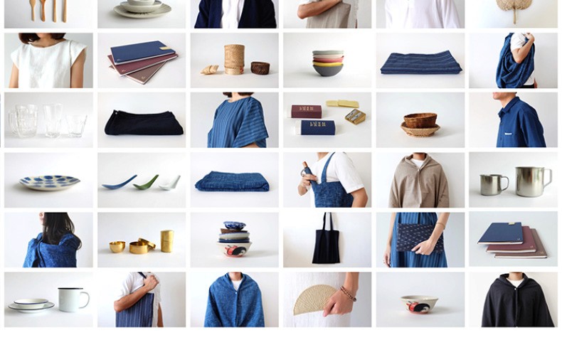 A grid of 24 images showcasing various kitchen items and accessories. The images include plates, bowls, cups, aprons, towels, kitchen utensils, and decorative objects. The color palette is predominantly white, gray, blue, and black.