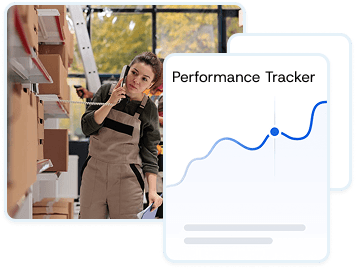 Female contractor using a tablet with a floating “Performance Tracker” graphic, representing digital documentation and progress tracking.