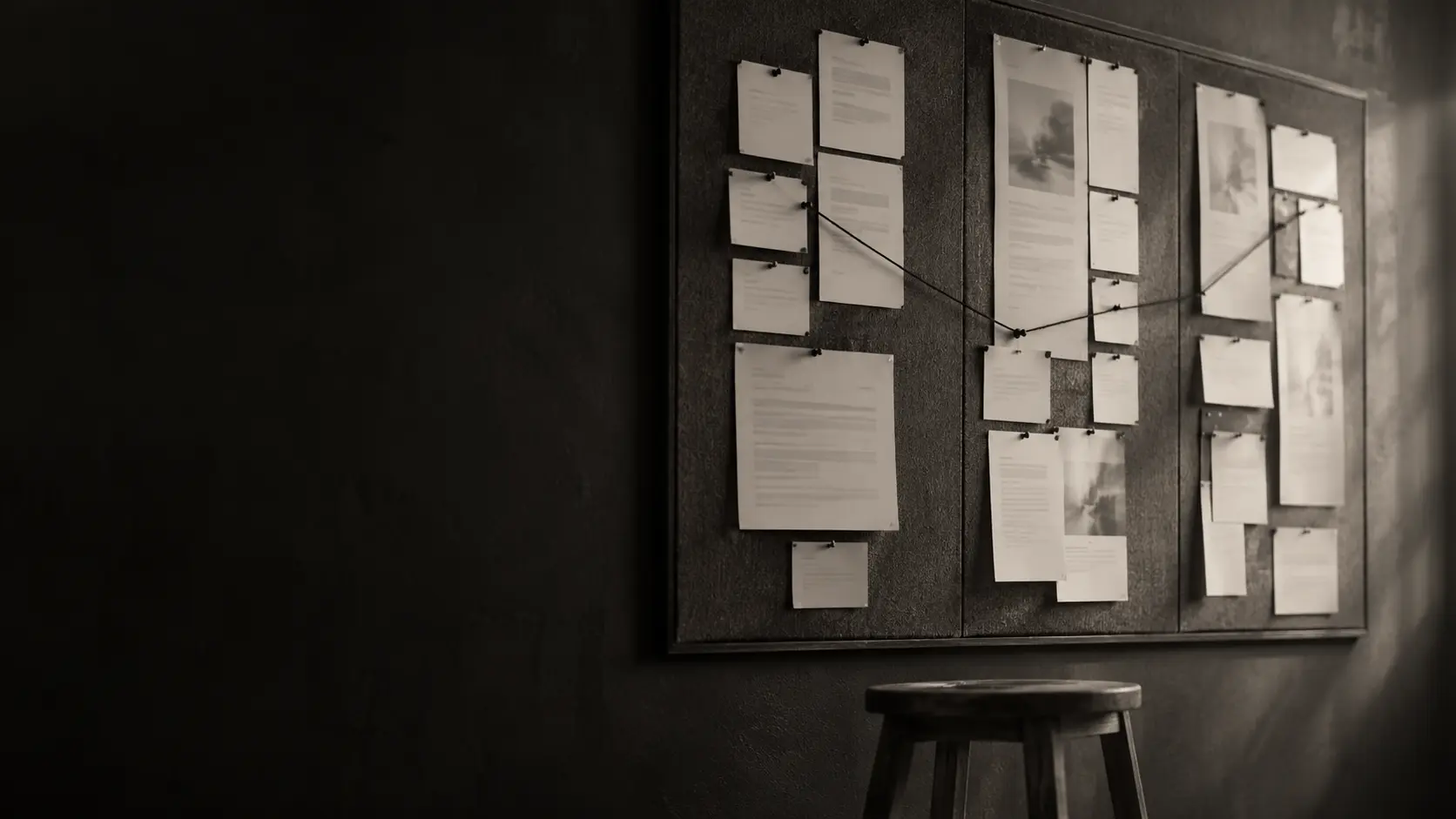 A planning board with pinned pages in three columns, linked by a single thread