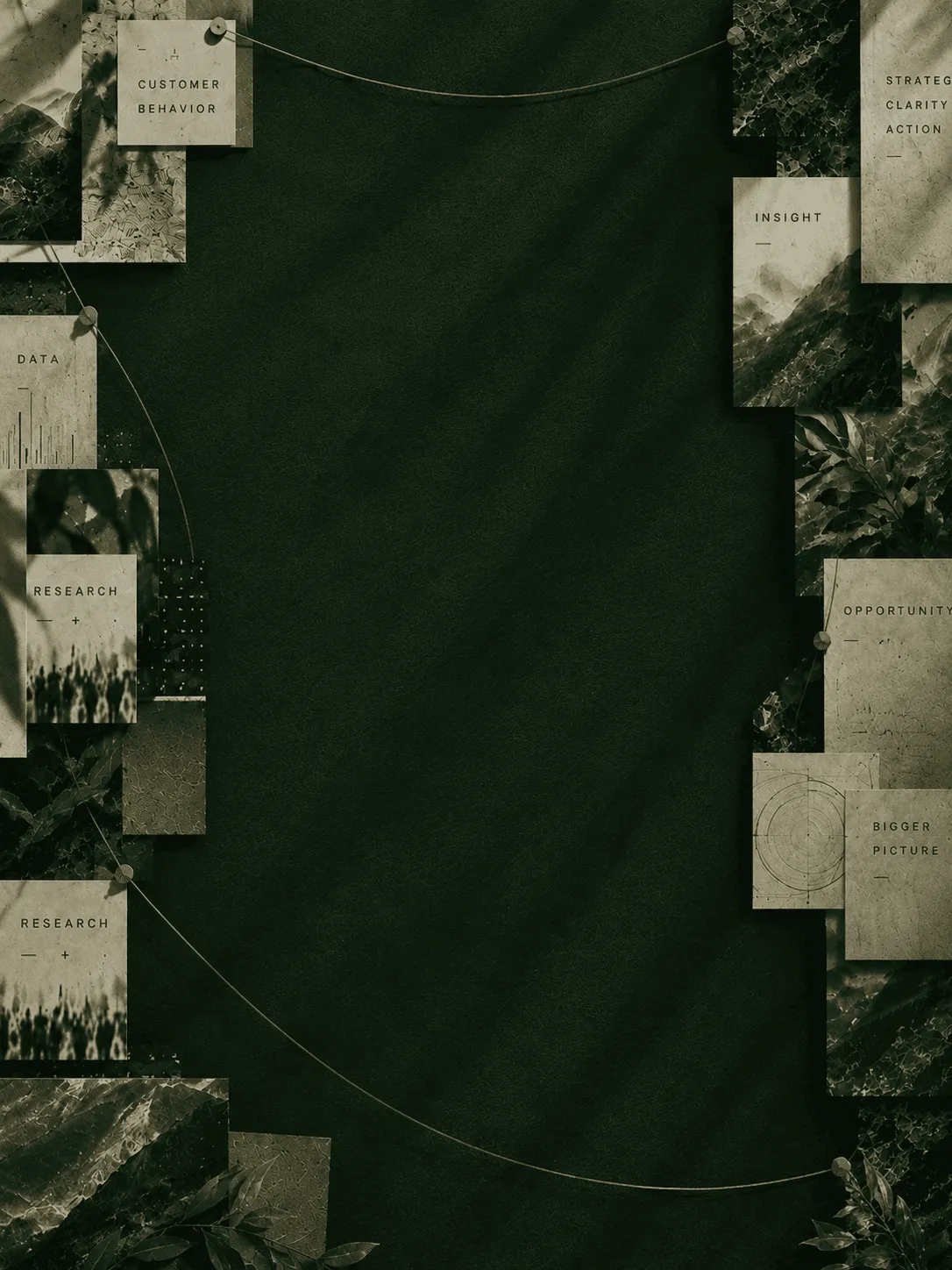 Plain Sight Strategy website hero with the headline ‘The Answer is Already There. You just have to see it differently.’ over a dark green editorial collage of research, data, and business imagery
