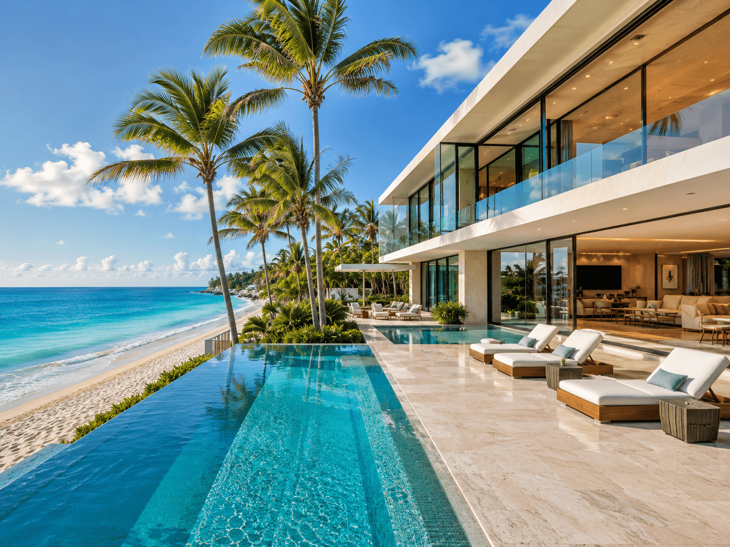 Ultra-modern Miami beachfront luxury home with an infinity pool, palm trees, lounge chairs, and a clear ocean view.