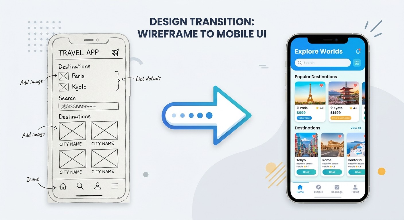 Wireframe sketch on the left transitioning to a polished mobile app interface on the right