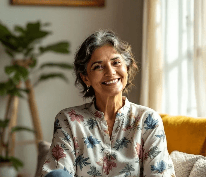 A smiling woman with short hair, wearing a floral blouse, sits in a cozy room with plants and soft sunlight.