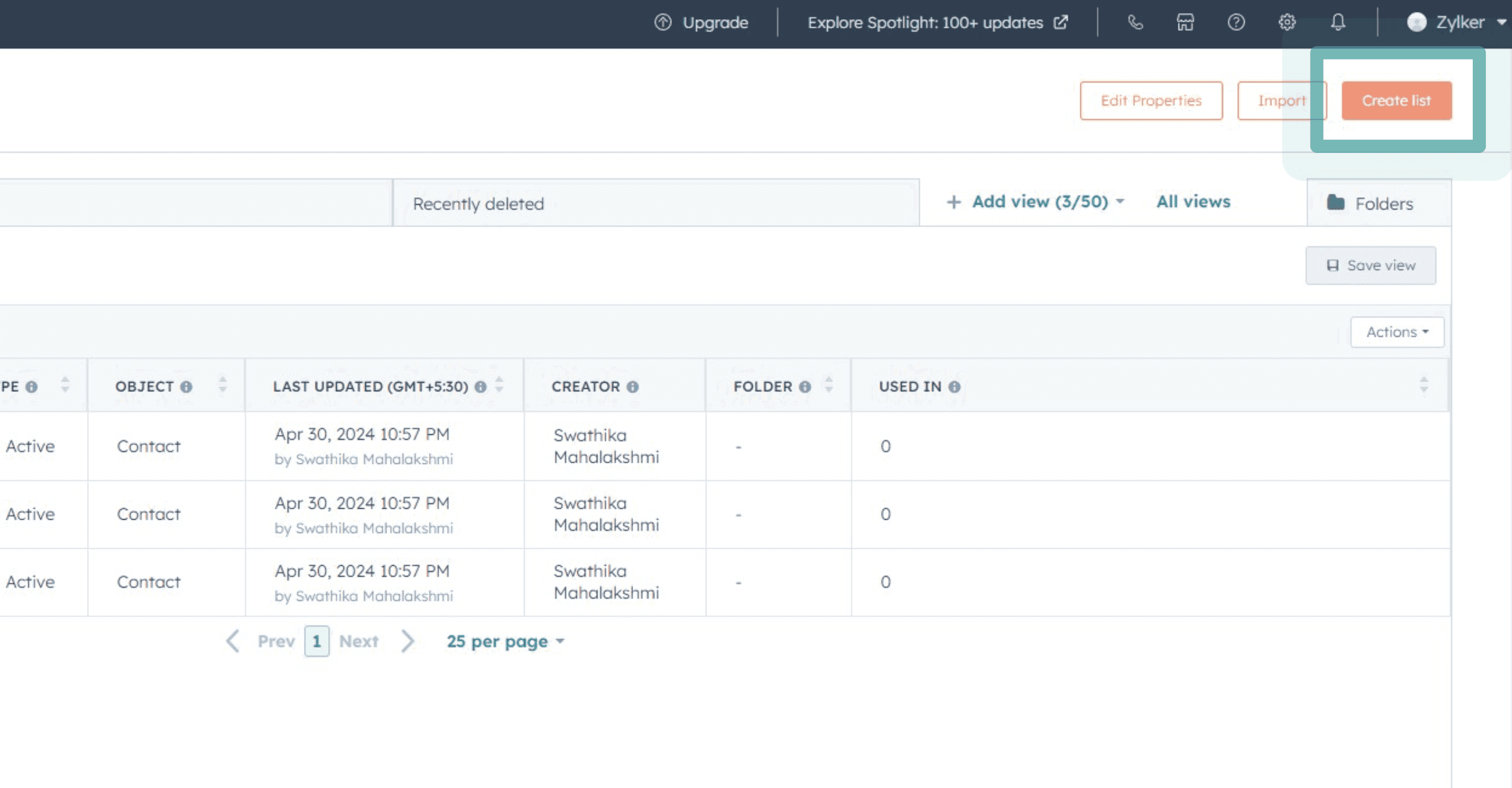The image shows a computer screen displaying a CRM dashboard interface with contact details, including names, status, last updated dates, and creators, alongside options for deleting, editing, filtering views, sorting, and a highlighted "Create List" button on the top right corner.