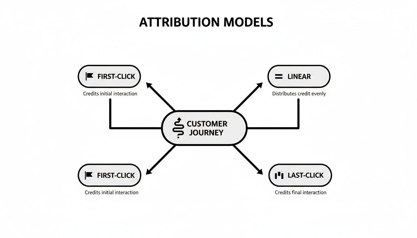 Diagram showing customer journey linked to First-Click, Linear, and Last-Click attribution models.