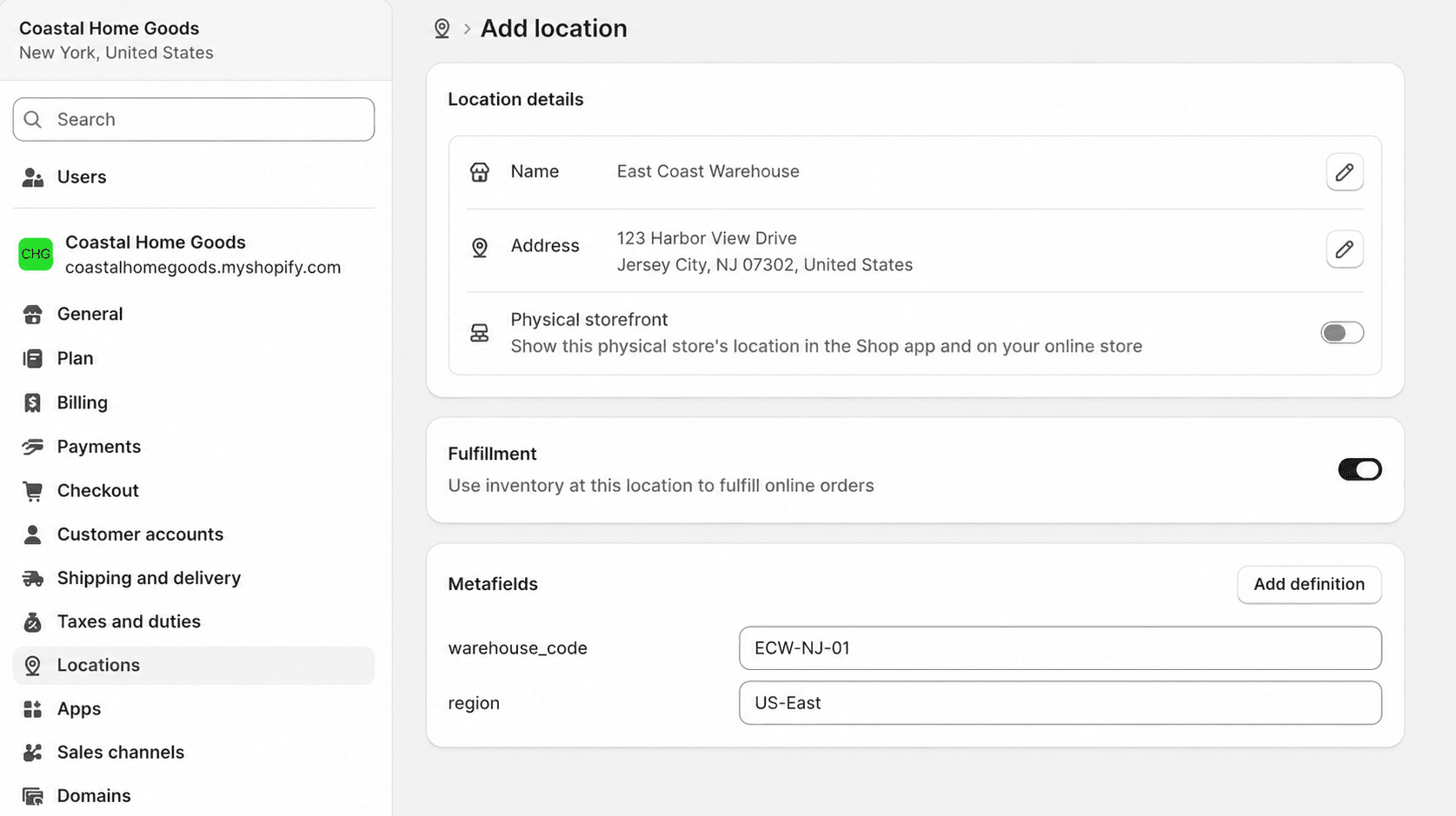 Add new physical location in Shopify