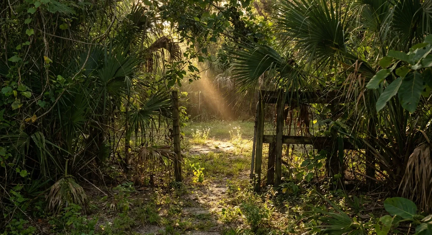 Sunlight filters through a jungle gate, symbolizing RockN' Socials' digital marketing agency's vision.