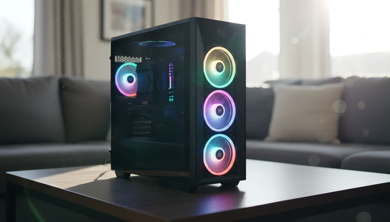 DSLR photography of a sleek black HP OMEN gaming PC tower, placed on a dark wood grain coffee table in a home setting. The PC is in sharp focus, featuring a tempered glass side panel revealing internal components illuminated by cool blue LED light. The front of the tower showcases three large fans with vibrant, circular rainbow RGB lighting. The background is a softly blurred living room with a grey couch, creating a shallow depth of field with a strong bokeh effect. The scene is lit by bright, natural daylight.