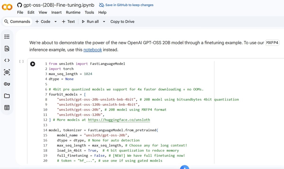 A Colab notebook showing Python code for fine-tuning the OpenAI GPT-OSS 20B model using the FastLanguageModel library.