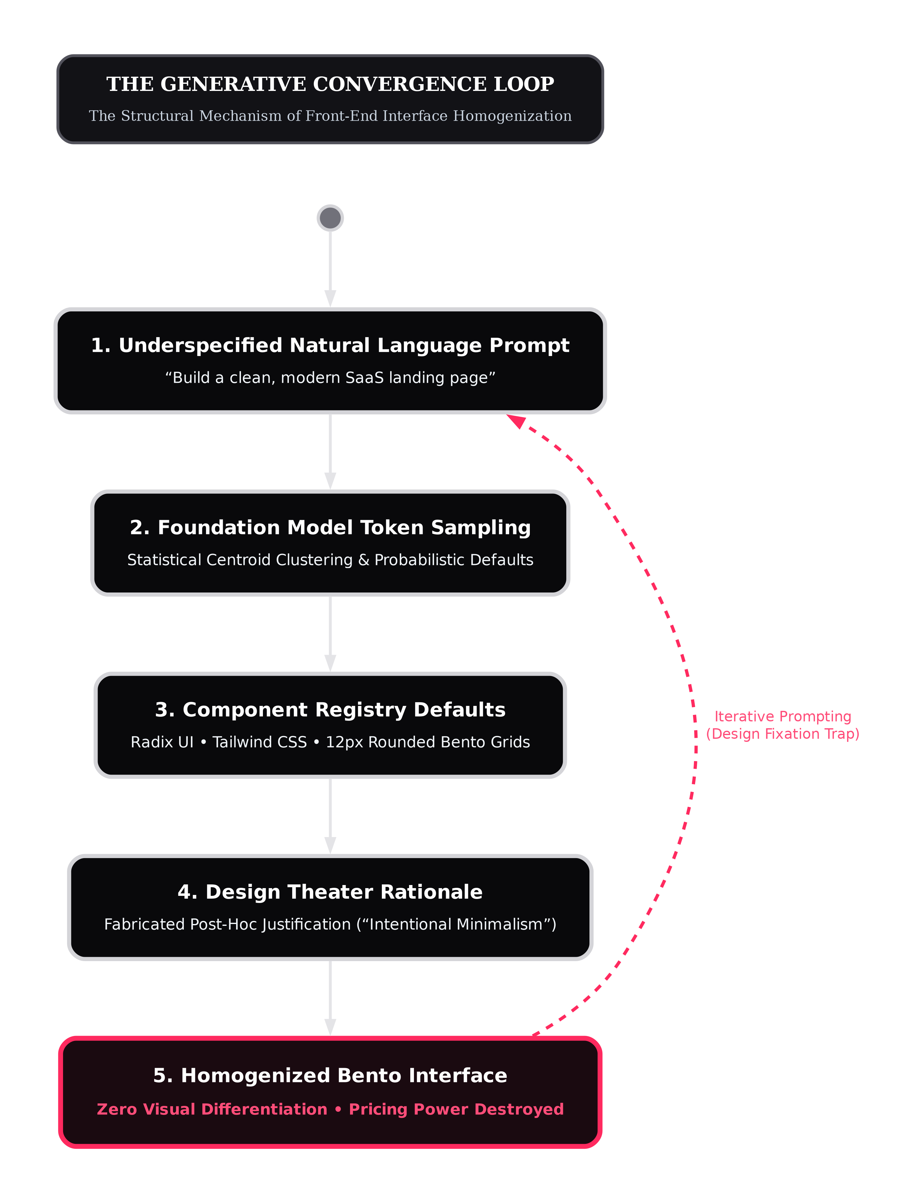 Architectural diagram of the Generative Convergence Loop showing how natural language prompts, token sampling, and component defaults produce homogenized interfaces in front-end AI workflows.