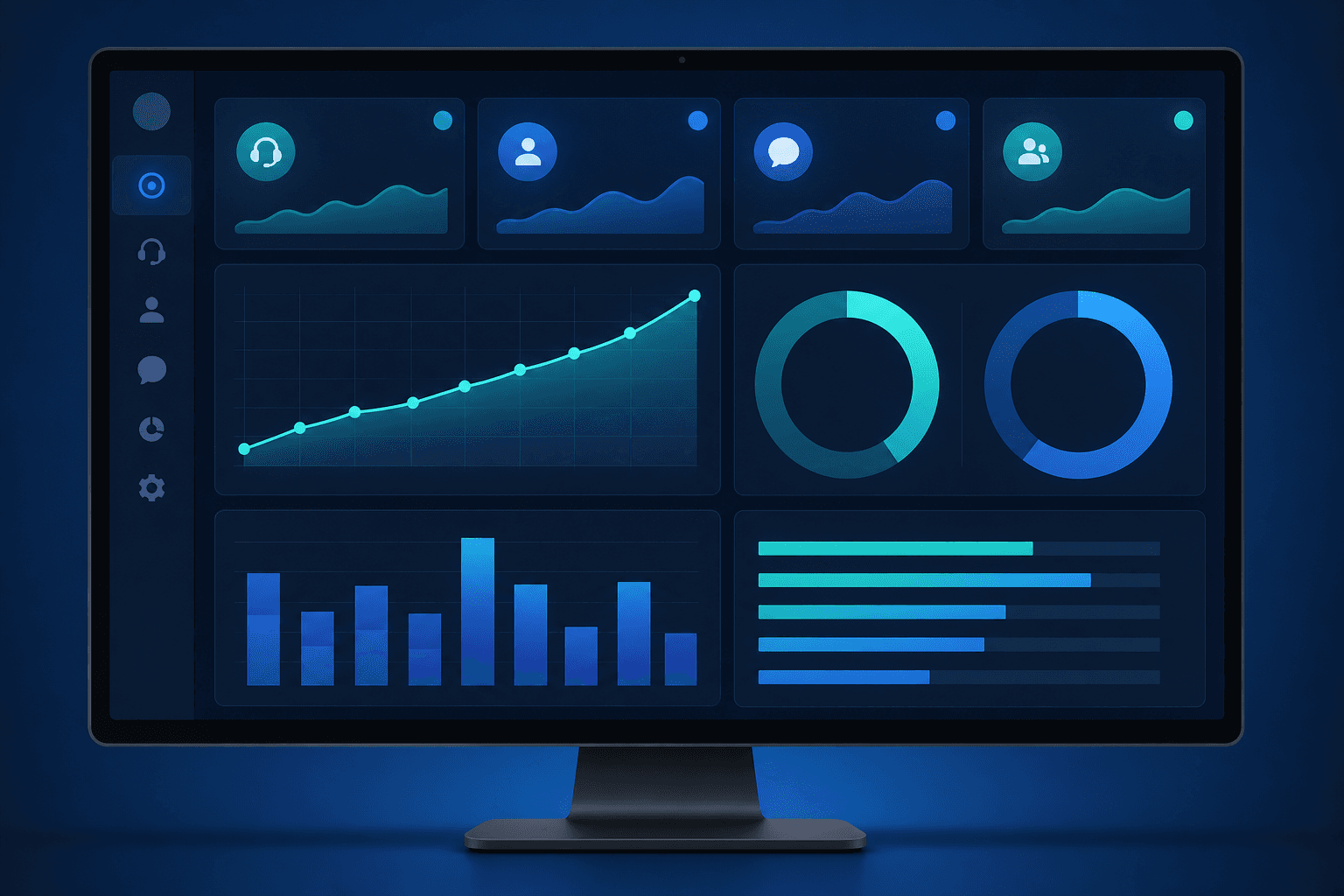 A clean digital illustration of a customer service analytics dashboard displayed on a modern monitor screen, showing circular gauge charts for resolution rate and accuracy metrics, a line graph trending upward over time, bar charts comparing ticket categories, and small stat cards with numbers. The dashboard has a dark navy background with glowing teal and blue data visualizations. Flat design style, no text or labels anywhere in the image, professional enterprise software aesthetic.