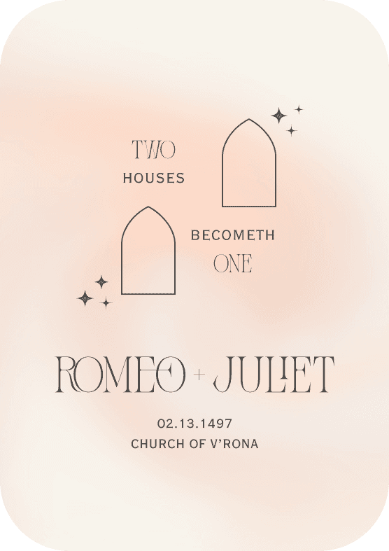 The front of a pink and white wedding invitation for the characters Romeo and Juliet from Shakespeare's play of the same name.