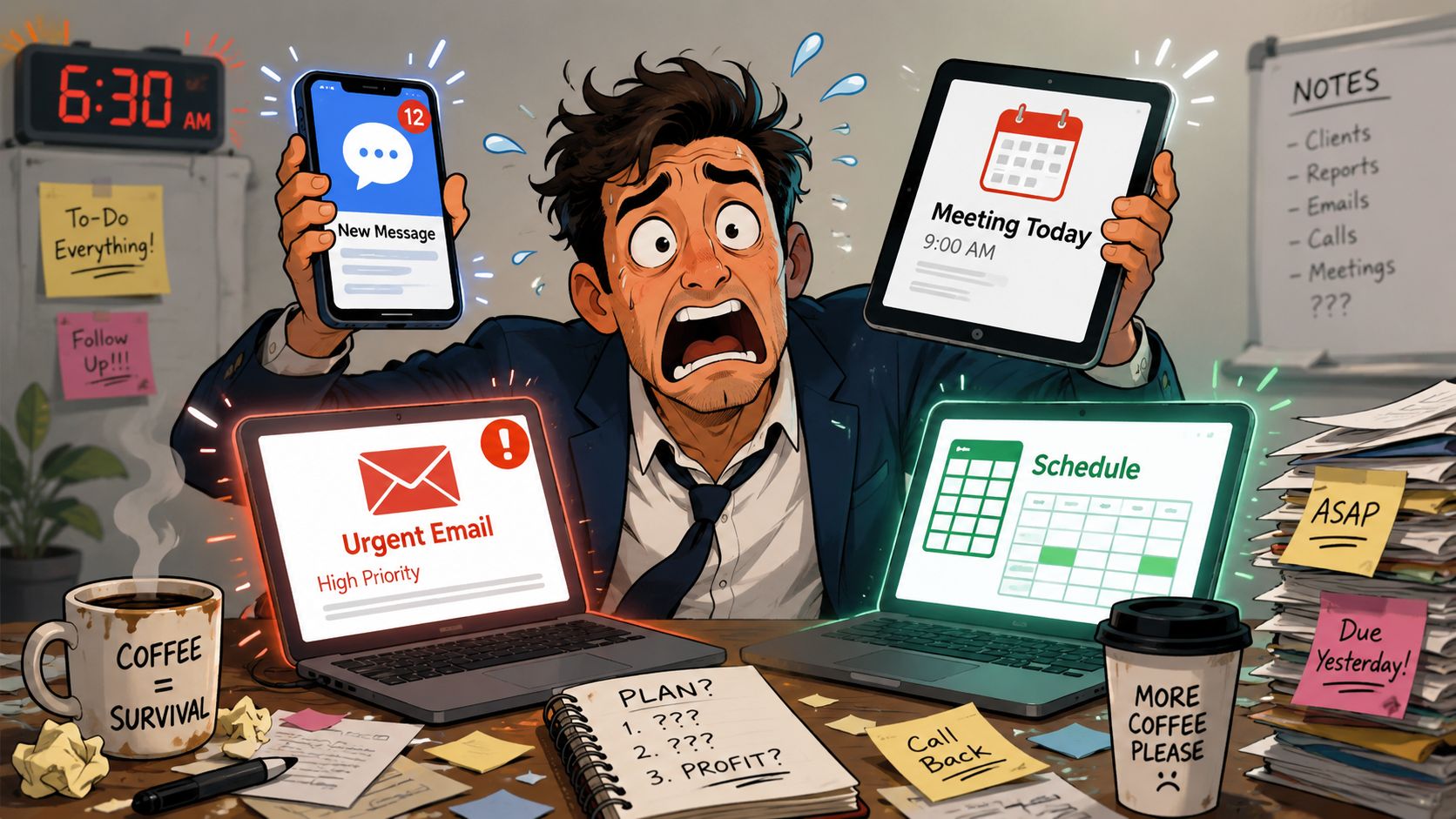 A stressed businessman overwhelmed by multiple devices, urgent notifications, and deadlines in a chaotic office environment.