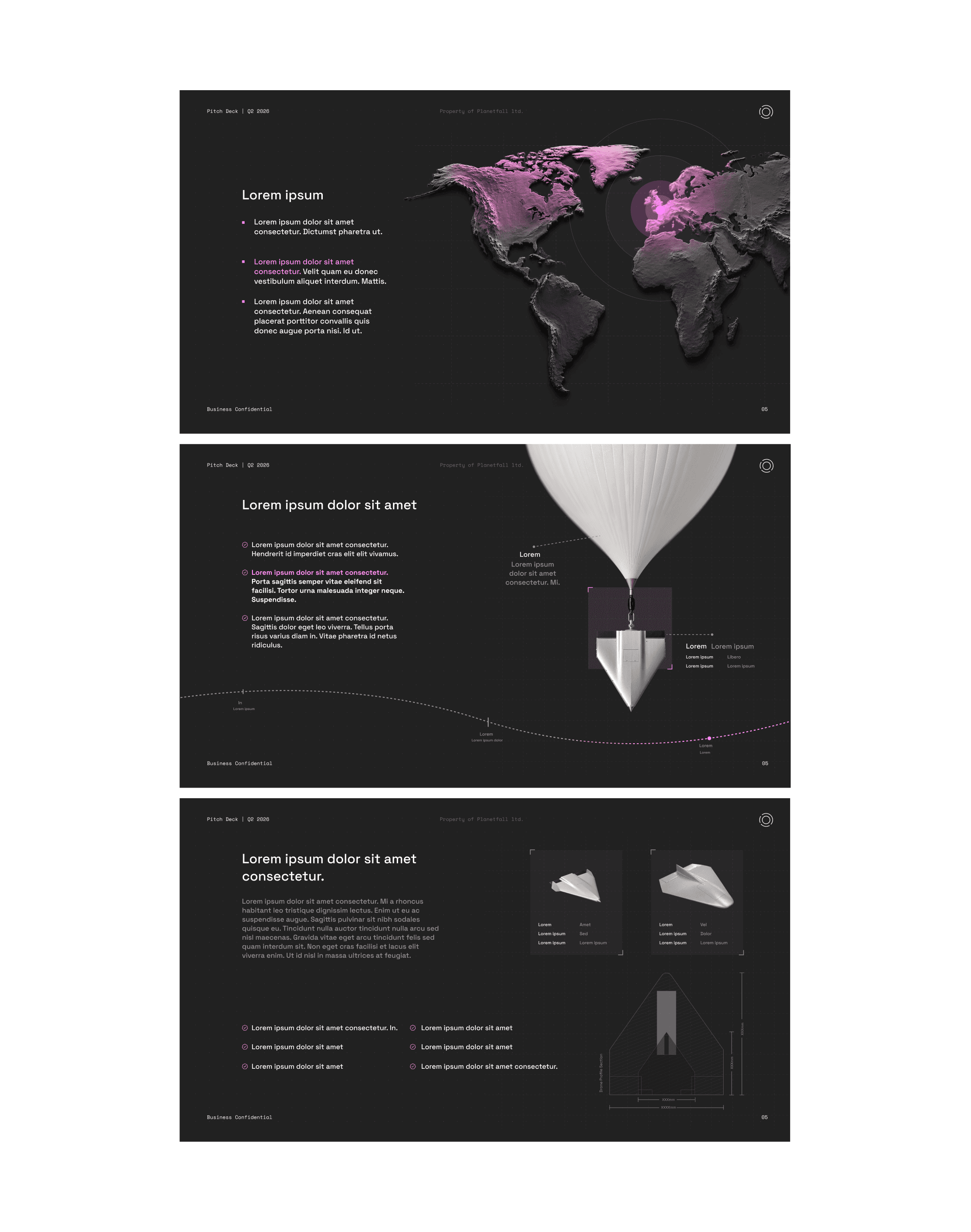 Three pitch deck slides: a relief world map with a highlighted region, a balloon and payload flight path, and a two-vehicle product slide.