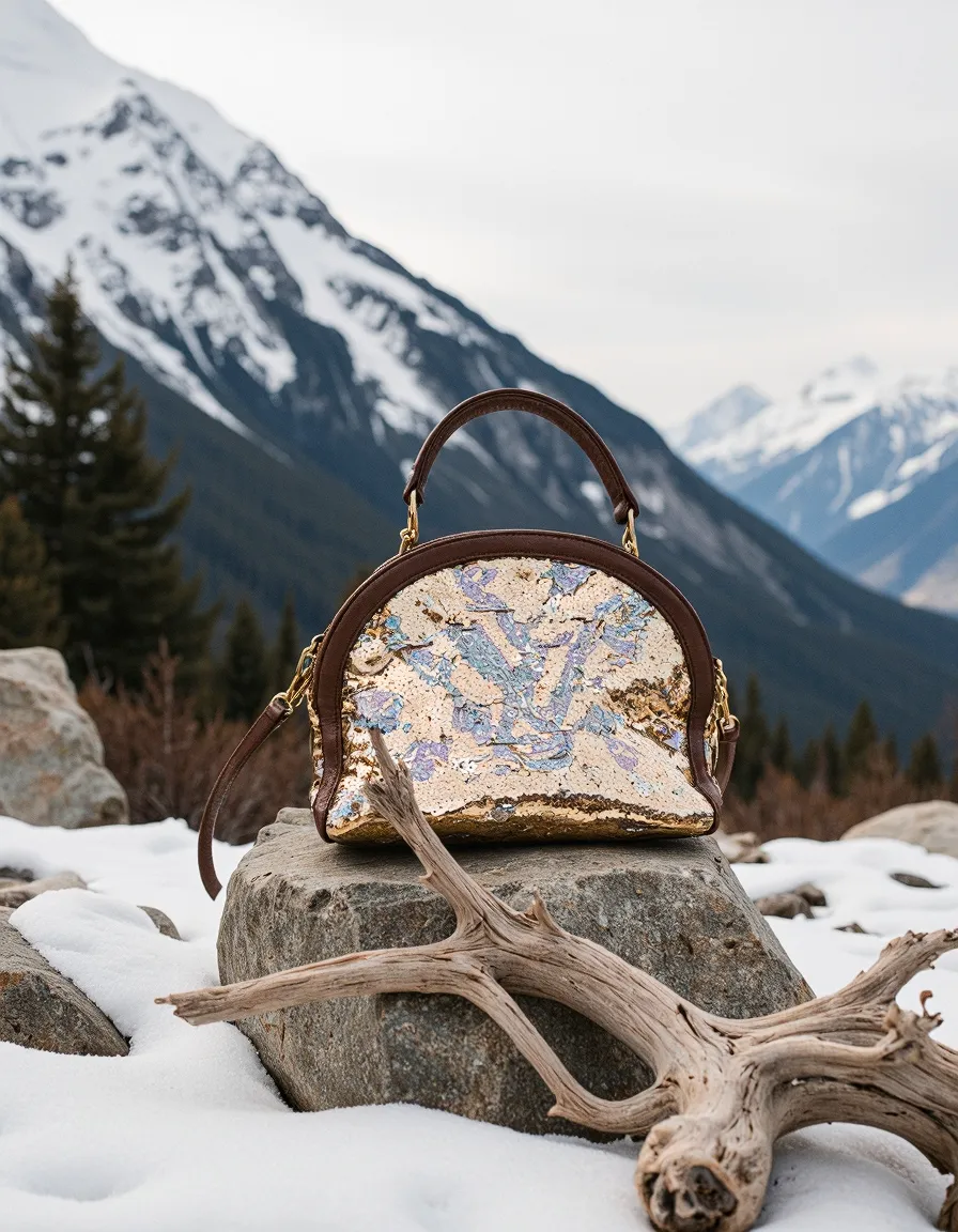 Sequined handbag on snowy rocks with mountain backdrop, showcasing AI-generated product photography