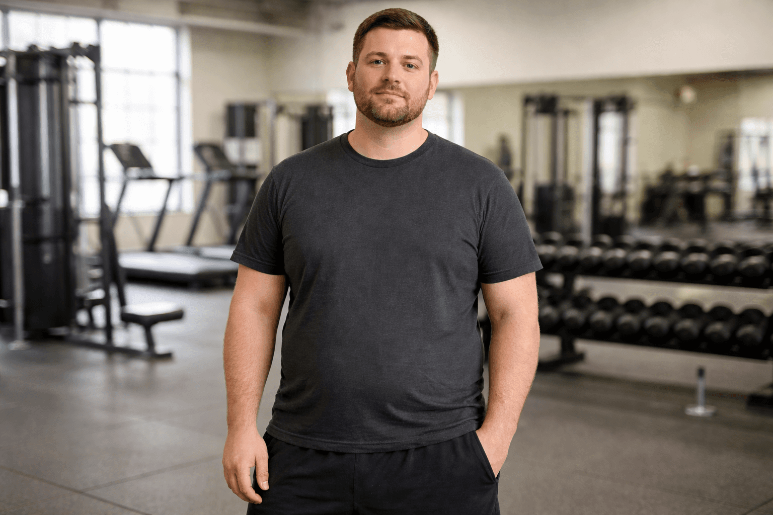  A man in a dark grey t-shirt standing inside a gym with treadmills and weight racks in the background.