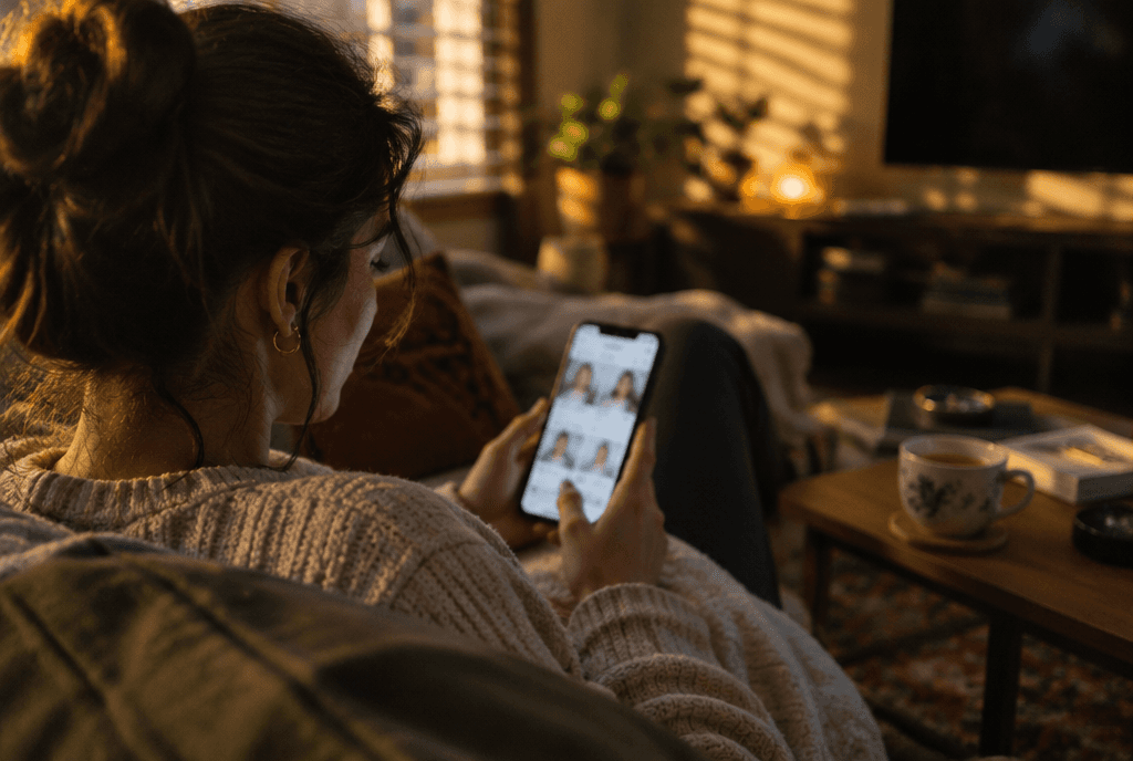 Customer on a sofa booking a salon appointment on her phone in a cozy living room
