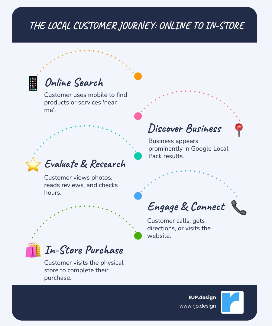 Infographic showing the local customer journey: 1) Customer searches on mobile device for product or service near them, 2) Business appears in Google Local Pack with profile, reviews, and location, 3) Customer views photos, reads reviews, and checks hours, 4) Customer calls, gets directions, or visits website, 5) Customer visits physical store and makes purchase - retail local seo infographic infographic-line-5-steps-blues-accent_colors