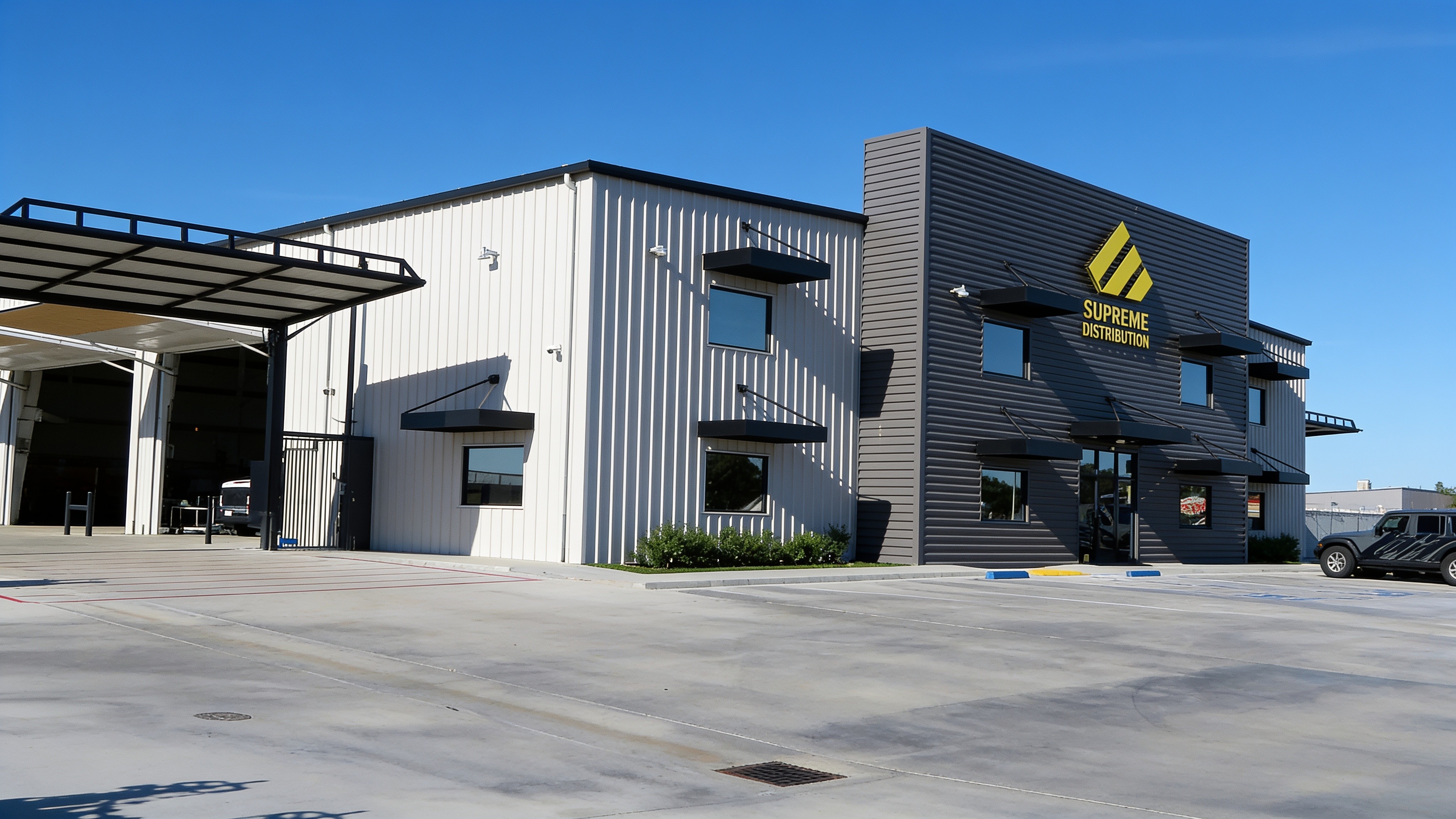 PowerLift commercial service bay doors open at a construction company headquarters