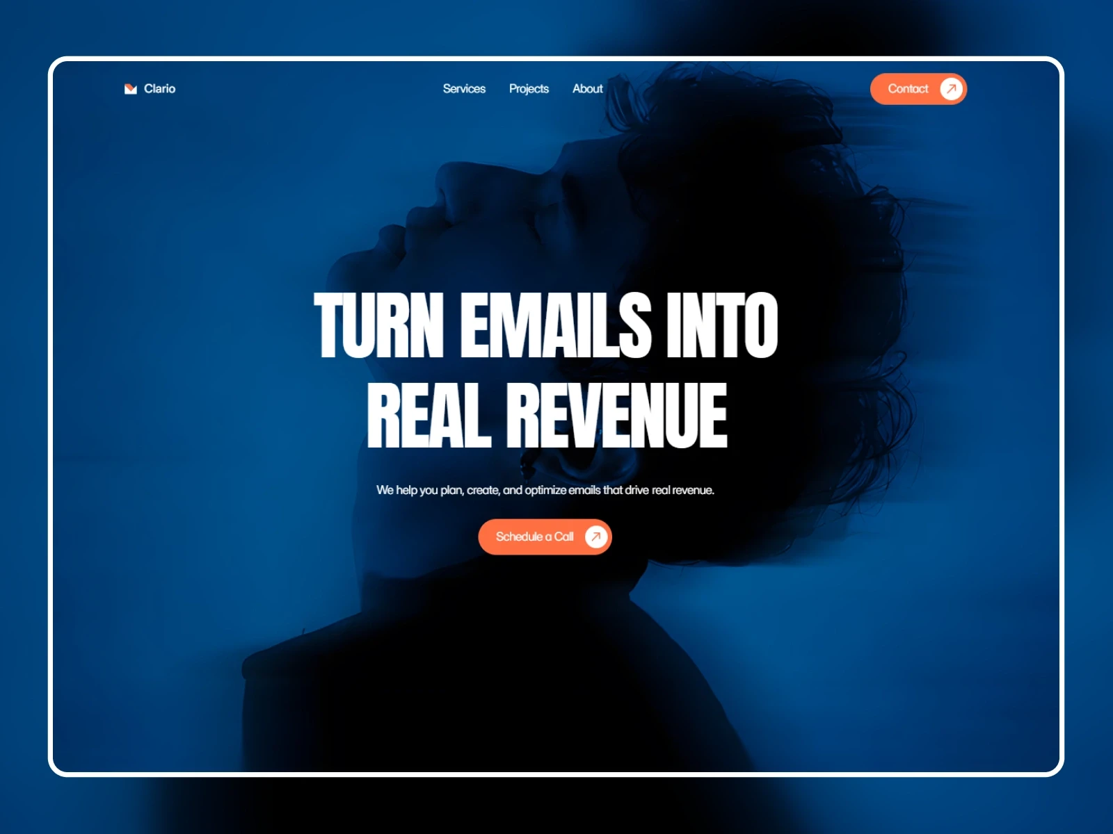 Clariyo email marketing agency Framer template with a bold blue hero, oversized typography and orange call-to-action buttons.