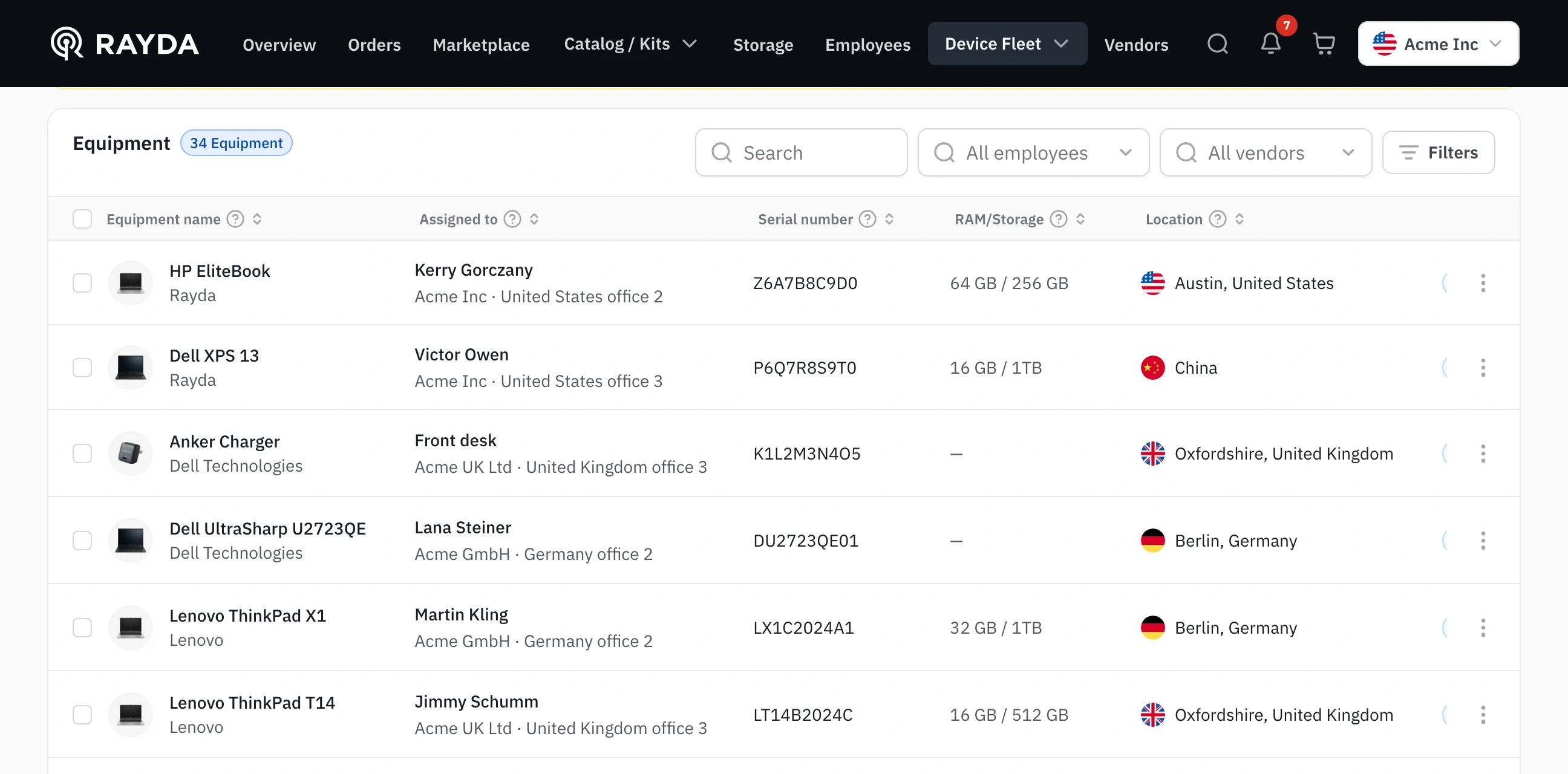 Rayda Device Fleet: every device, who holds it, its entity, office and location