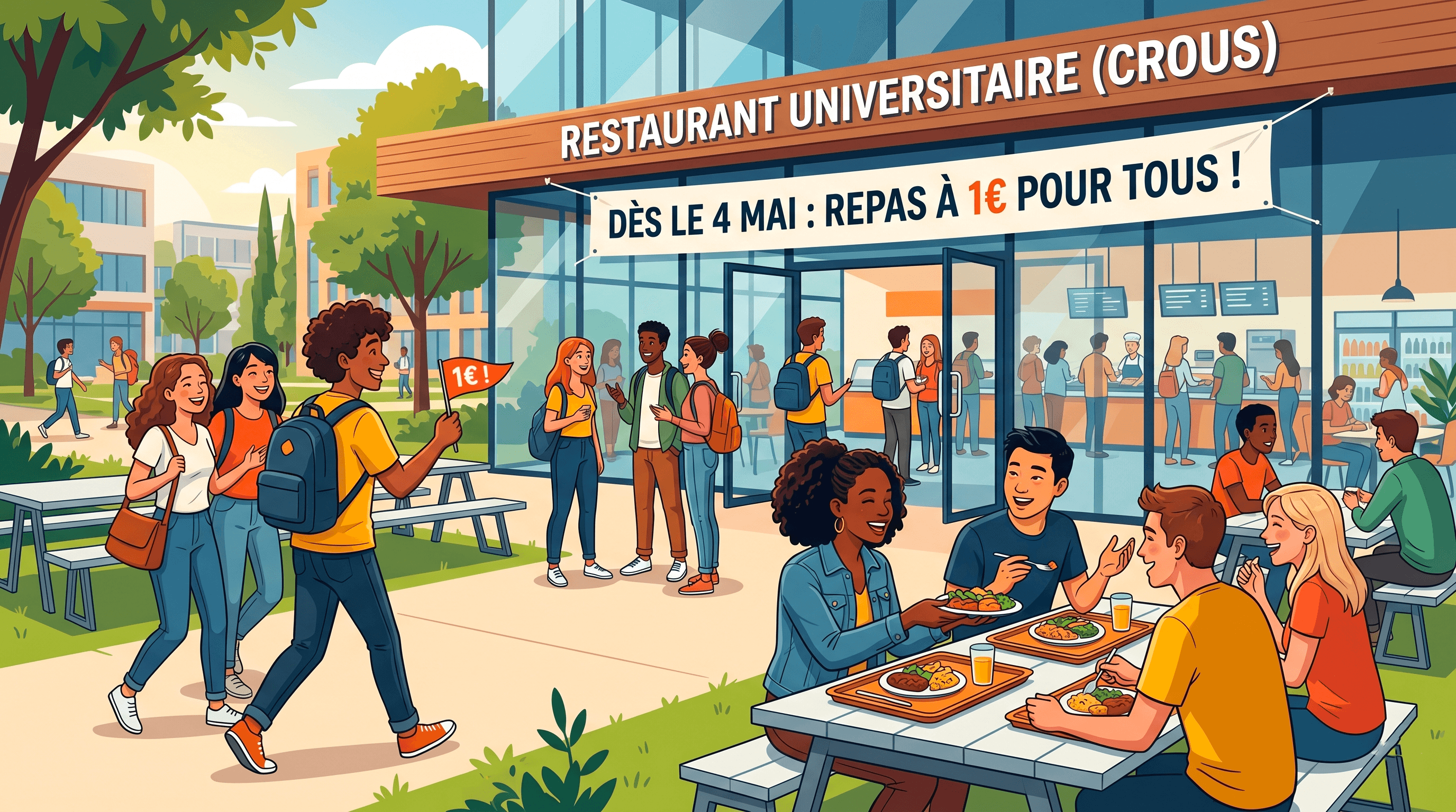 Illustration vectorielle moderne montrant des étudiants joyeux devant un Restaurant Universitaire (CROUS) animé. Au premier plan, des étudiants mangent et discutent à des tables extérieures. Une grande bannière sur le bâtiment indique : 'DÈS LE 4 MAI : REPAS À 1€ POUR TOUS !'. Un étudiant tient un drapeau avec l'inscription '1€ !'. L'ambiance est festive et communautaire.