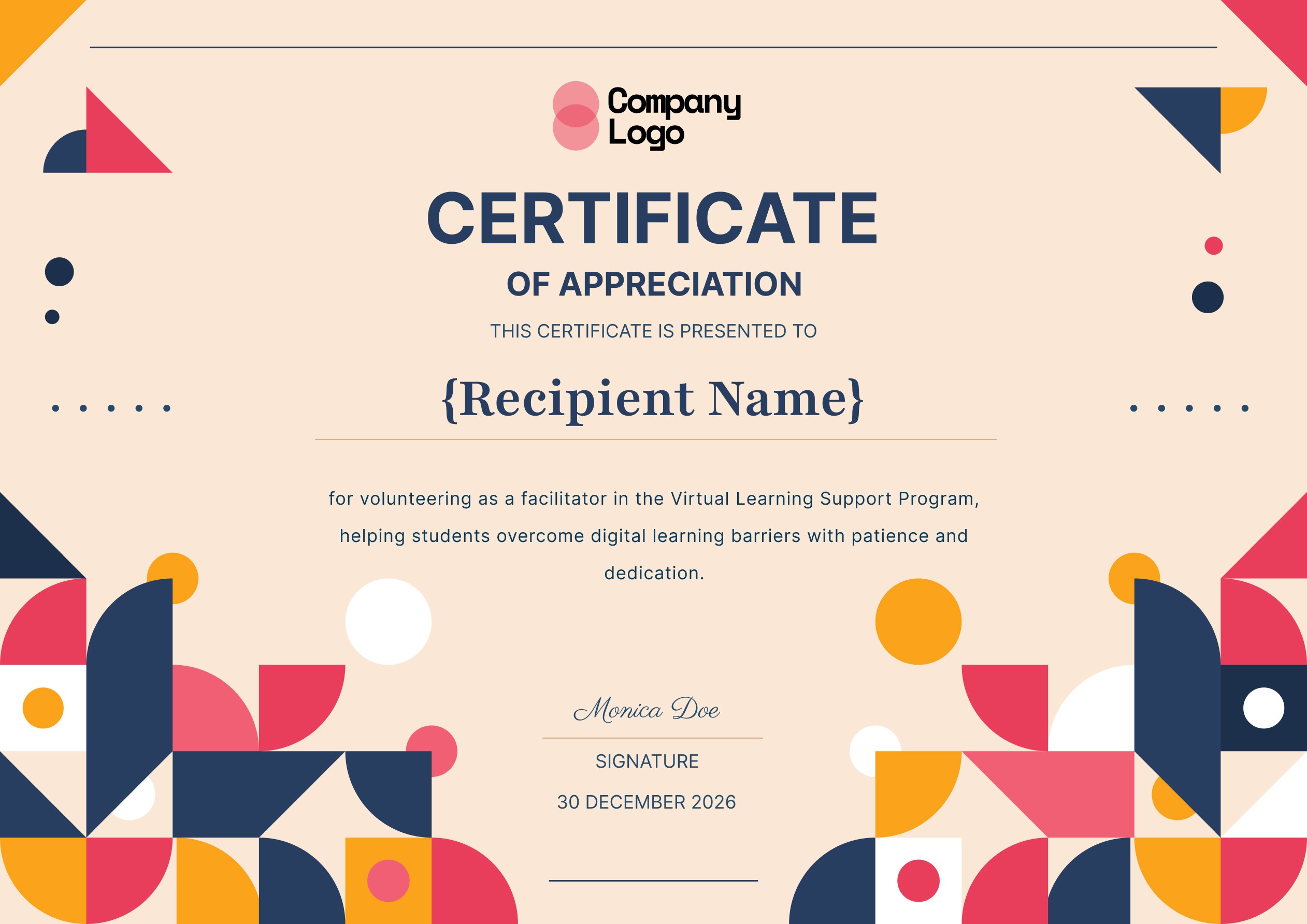 Wauld - Contemporary and professional volunteer appreciation certificate template