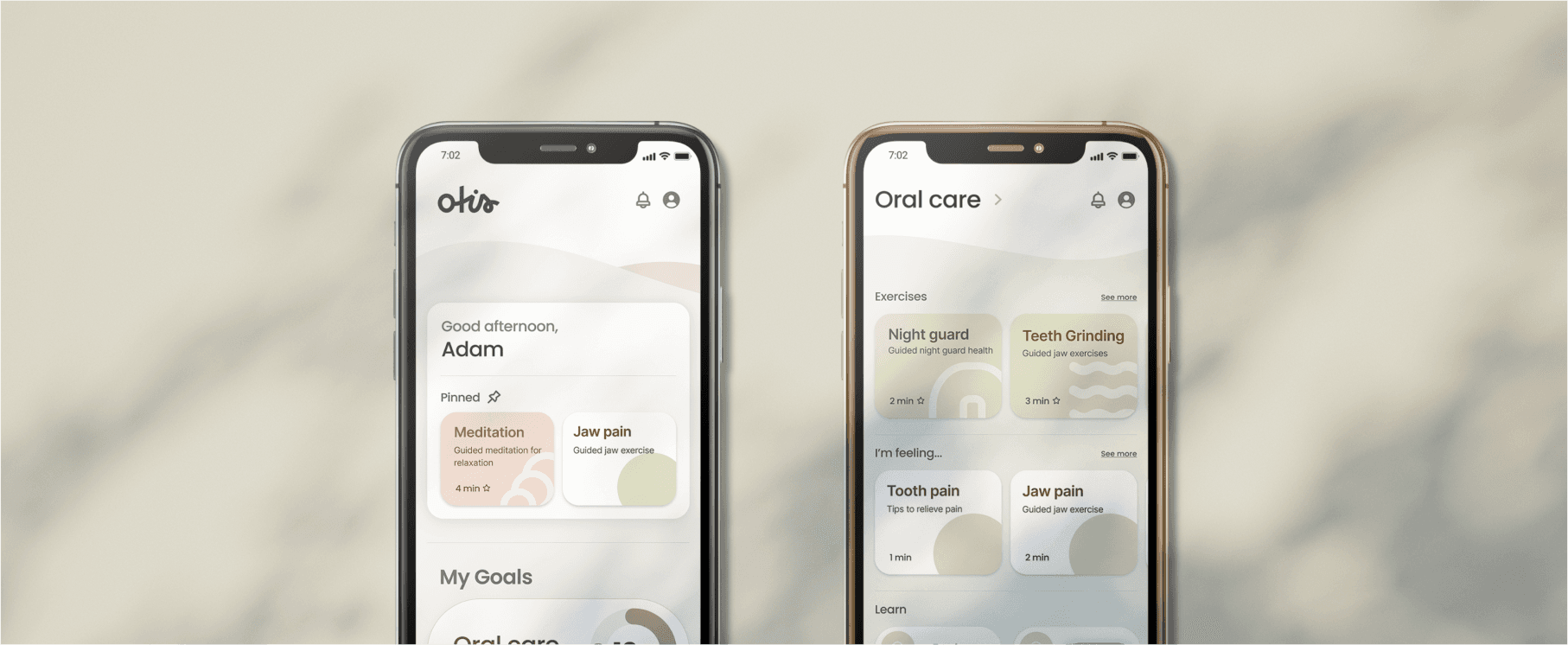 Smartphone displaying the home screens of oral care and self-care apps, with organized sections for tracking dental hygiene, wellness activities, and health progress.