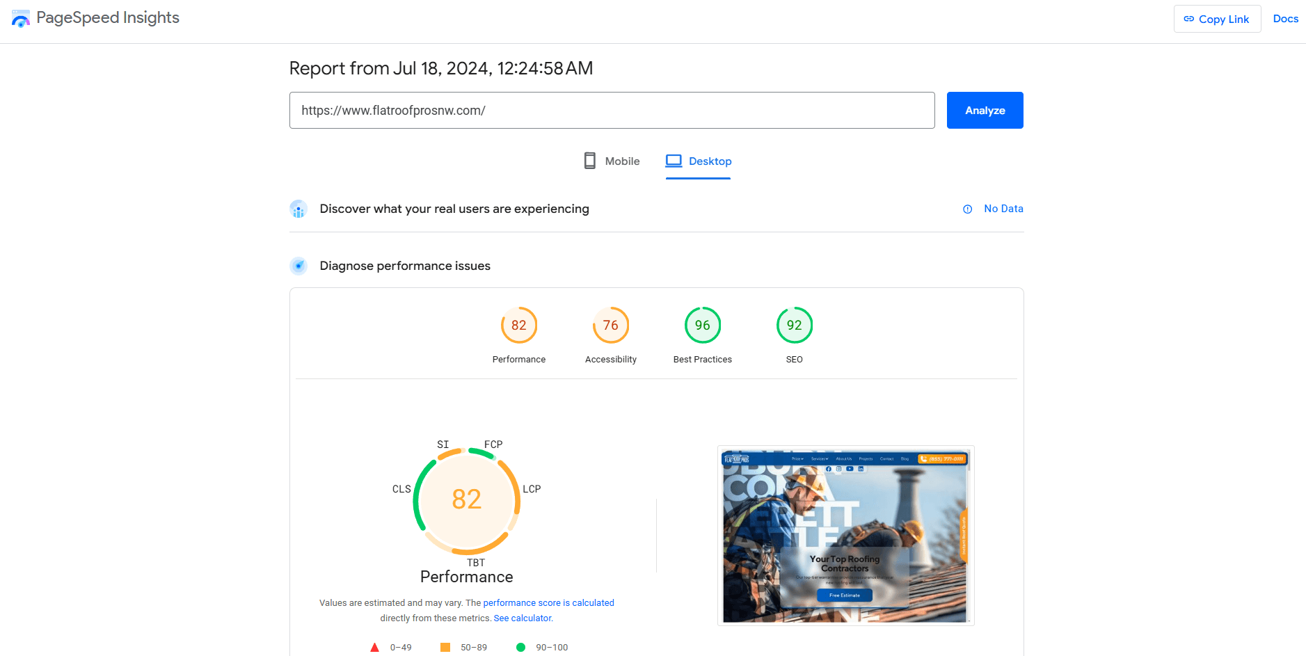 pagespeed insights result on a roofer website