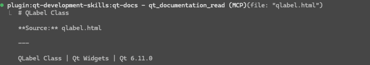 Claude Code's qt_documentation_read MCP call retrieving the full qlabel.html page, showing the QLabel Class heading for Qt 6.11.0