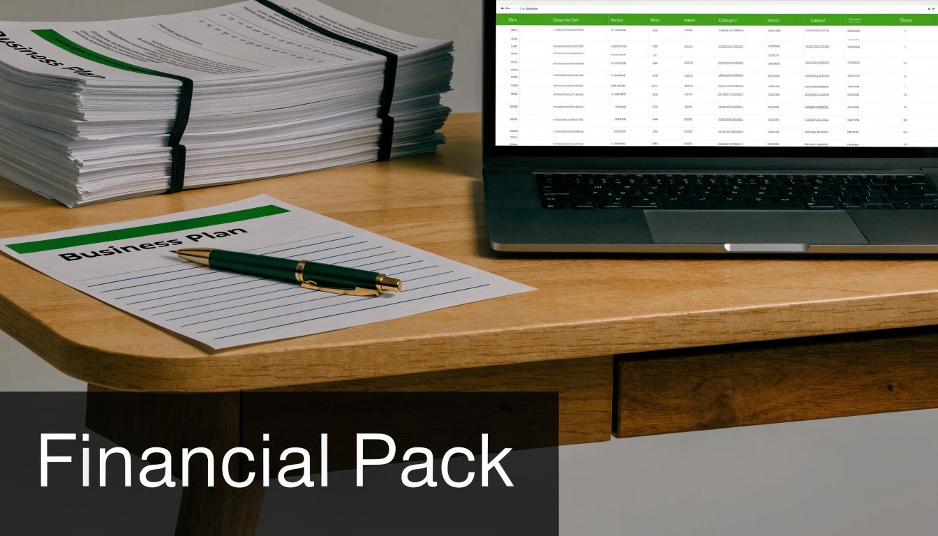 A professional desk workspace featuring a stack of business plans, a pen, and a laptop with spreadsheets.