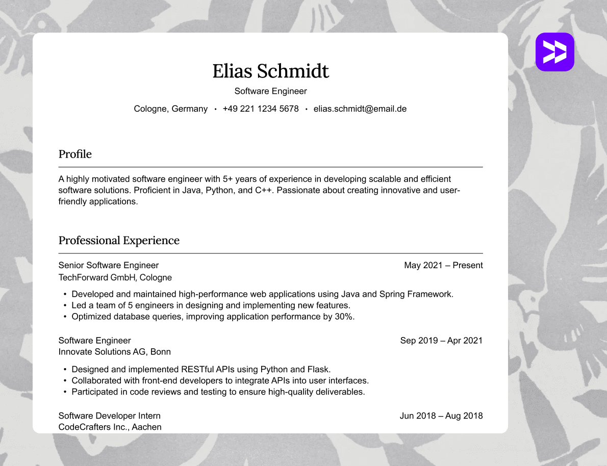 Software engineer resume example displayed on a clean, textured background