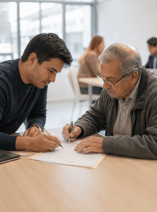 Una persona ayuda a otra firmando papeles de la regularizacion