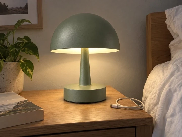 Illustrative buyer phone photo: sage lamp glowing on a lived-in bedside table