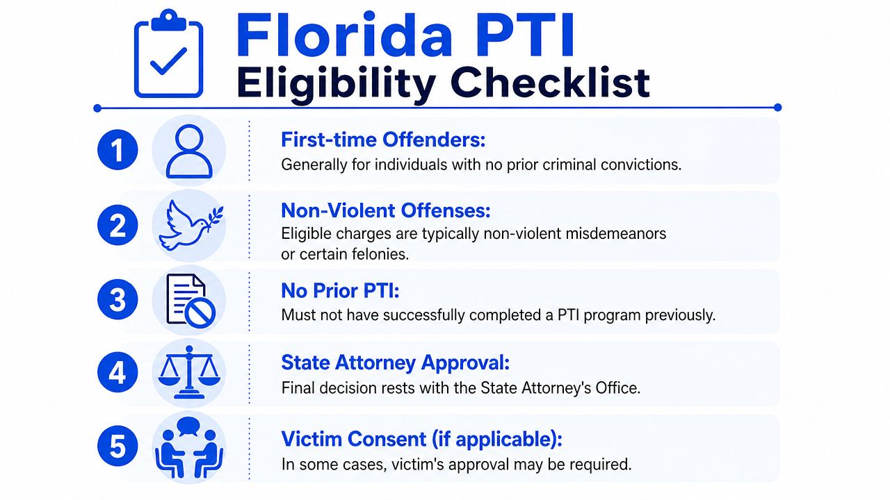 A checklist infographic outlining five key eligibility requirements for the Florida Pretrial Intervention program for offenders.