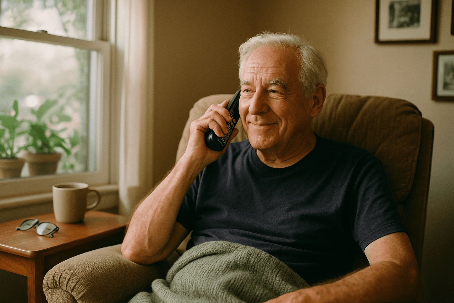 An older man sits in a sunlit armchair at home, listening attentively on a cordless phone.