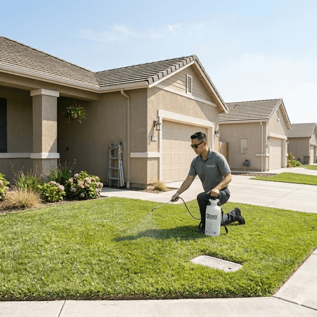 A pest control technician performing a property inspection at a residential home