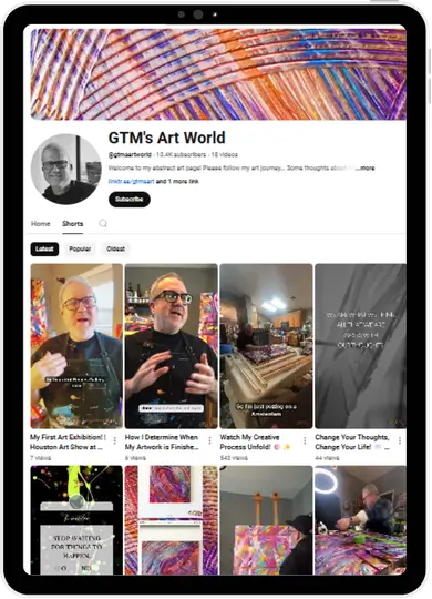 GTM's Art World YouTube channel page featuring abstract art videos and shorts on a tablet.