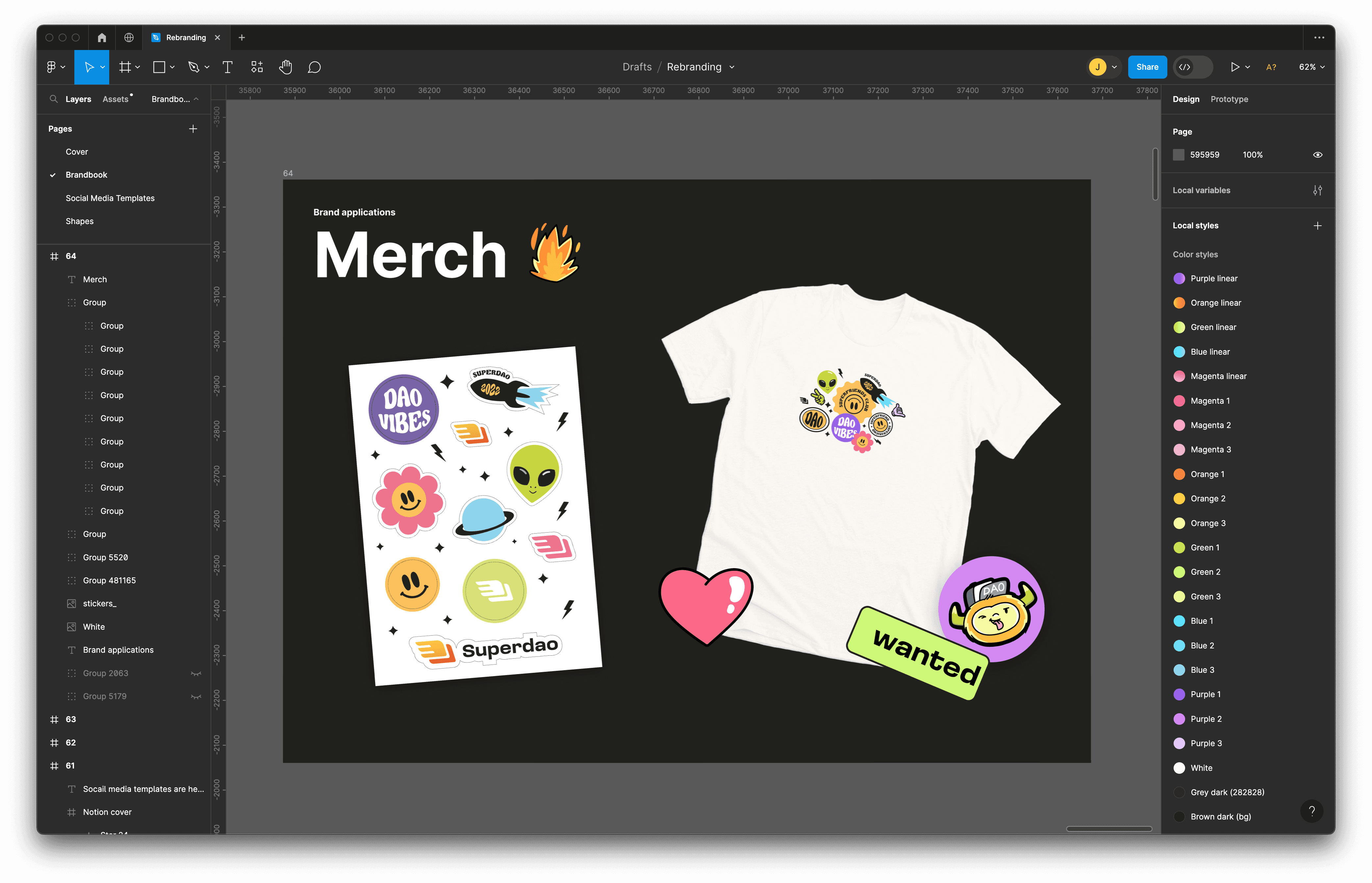 Design software display featuring a T-shirt and a sheet of colorful stickers.