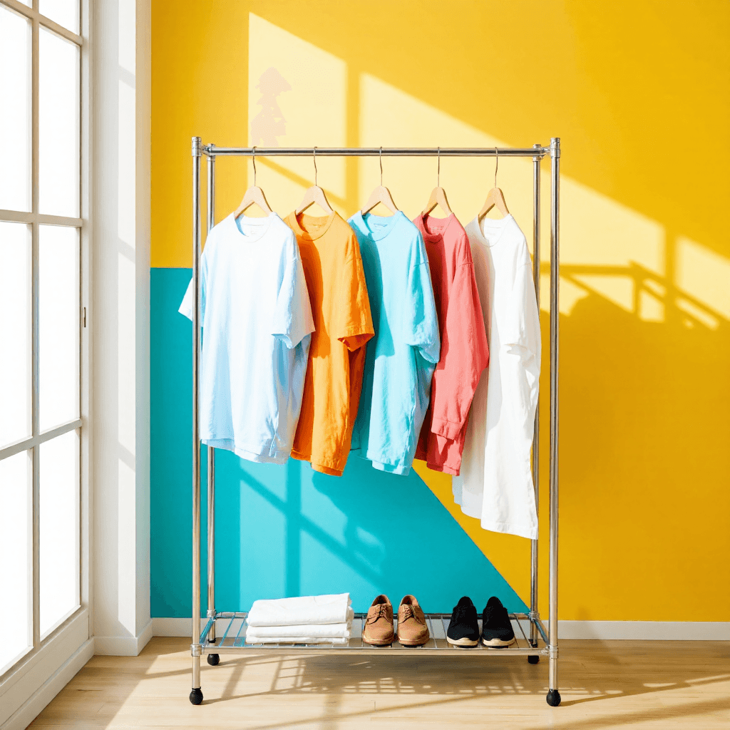 product photography of a clothing rack with hanging space and a bottom shelf for storage