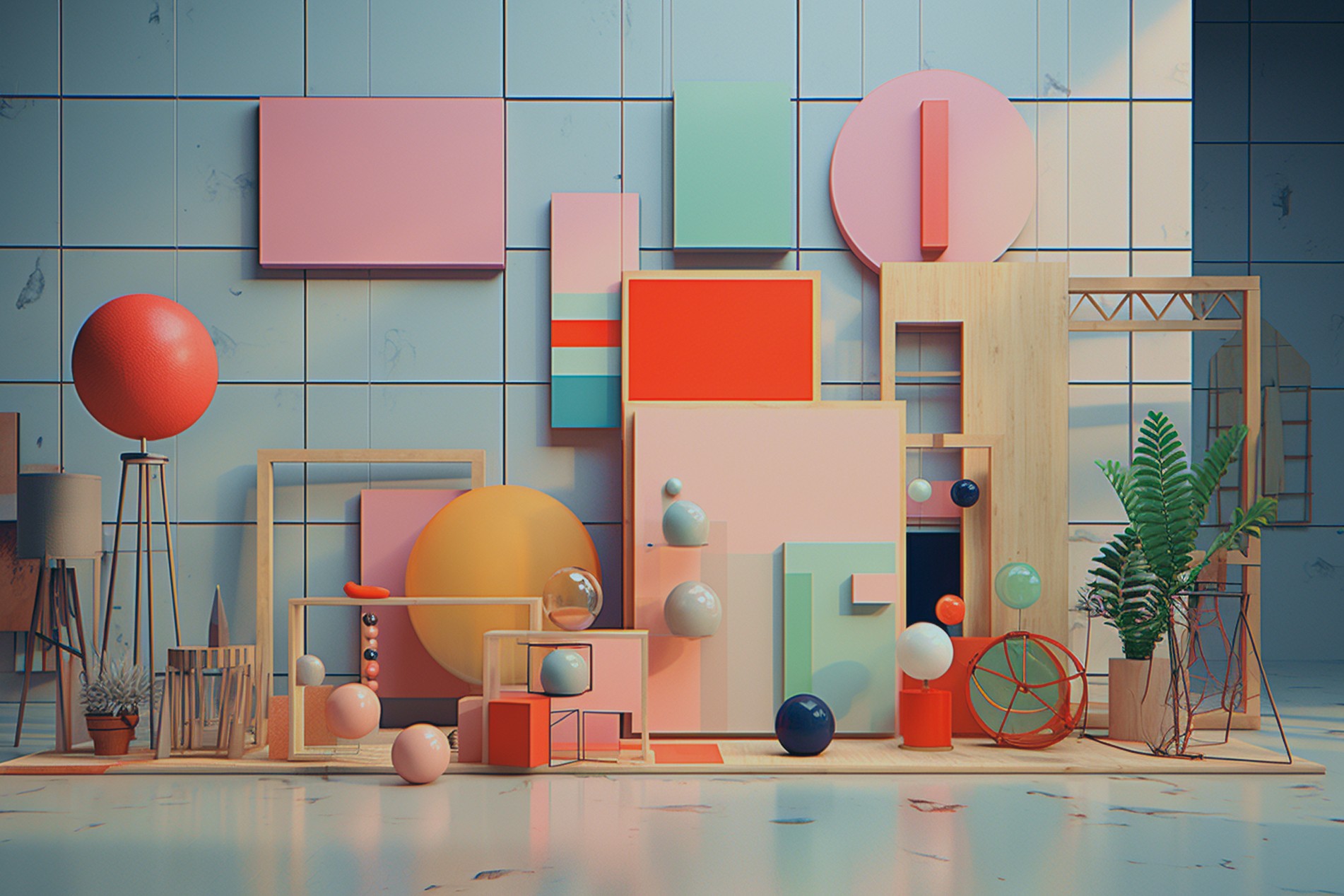 Assorted colorful shapes and objects arranged on a studio set with a tiled wall background.