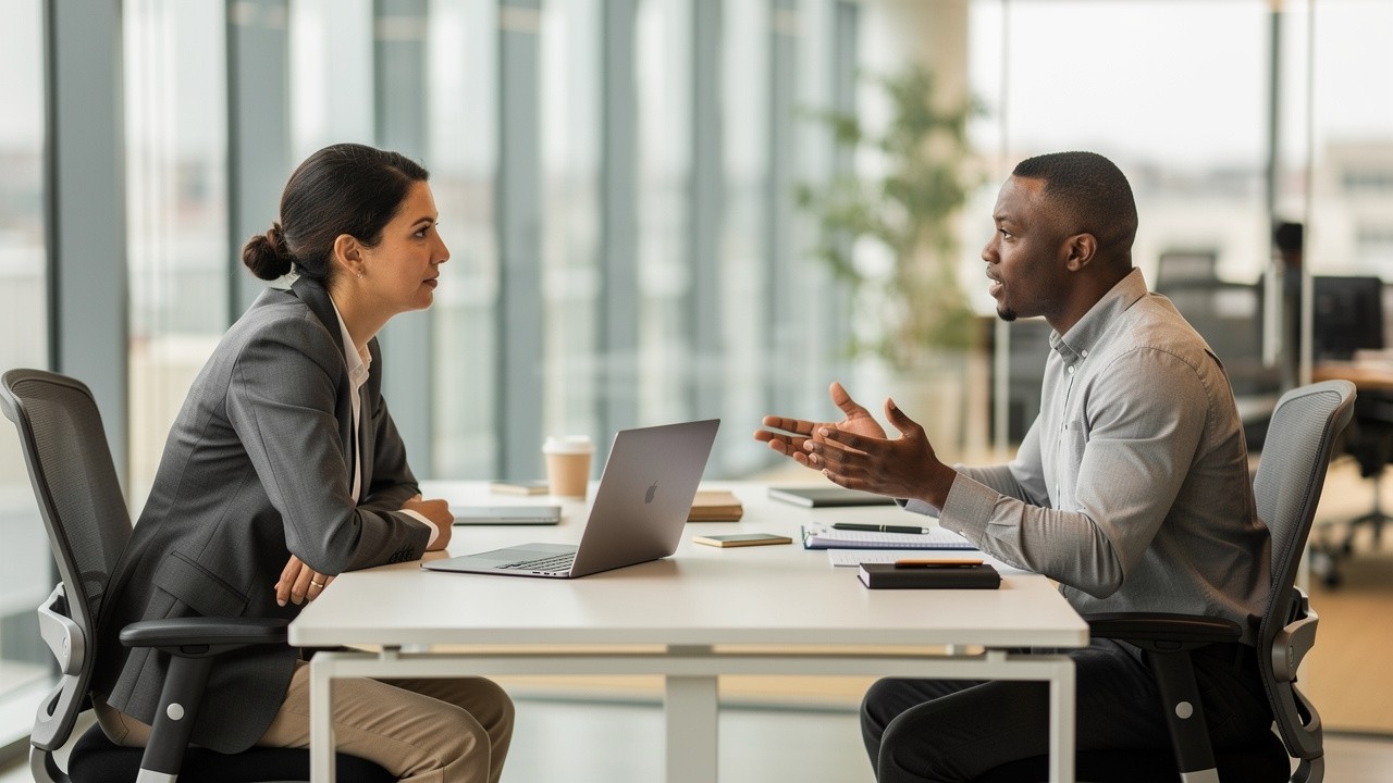 Two professionals in engaged sales conversation