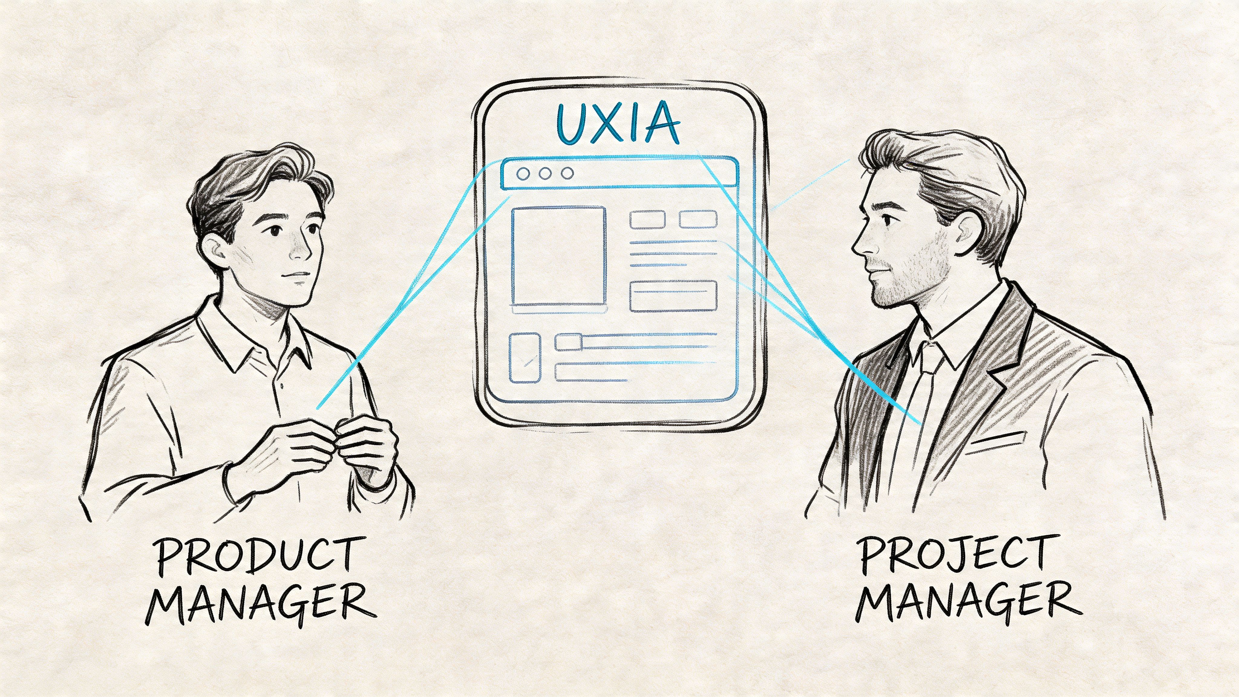 A conceptual illustration comparing a product manager and a project manager interacting with the UXIA digital platform.