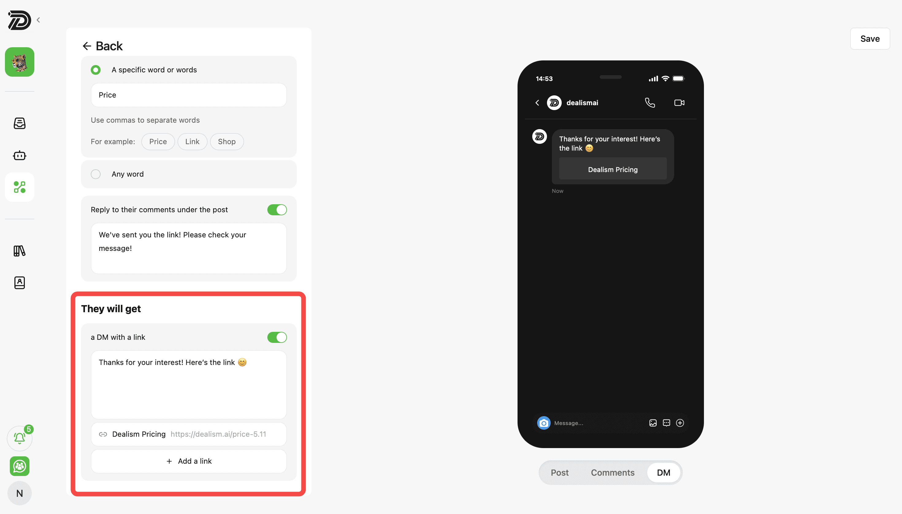 Dealism automation builder with an Instagram DM preview